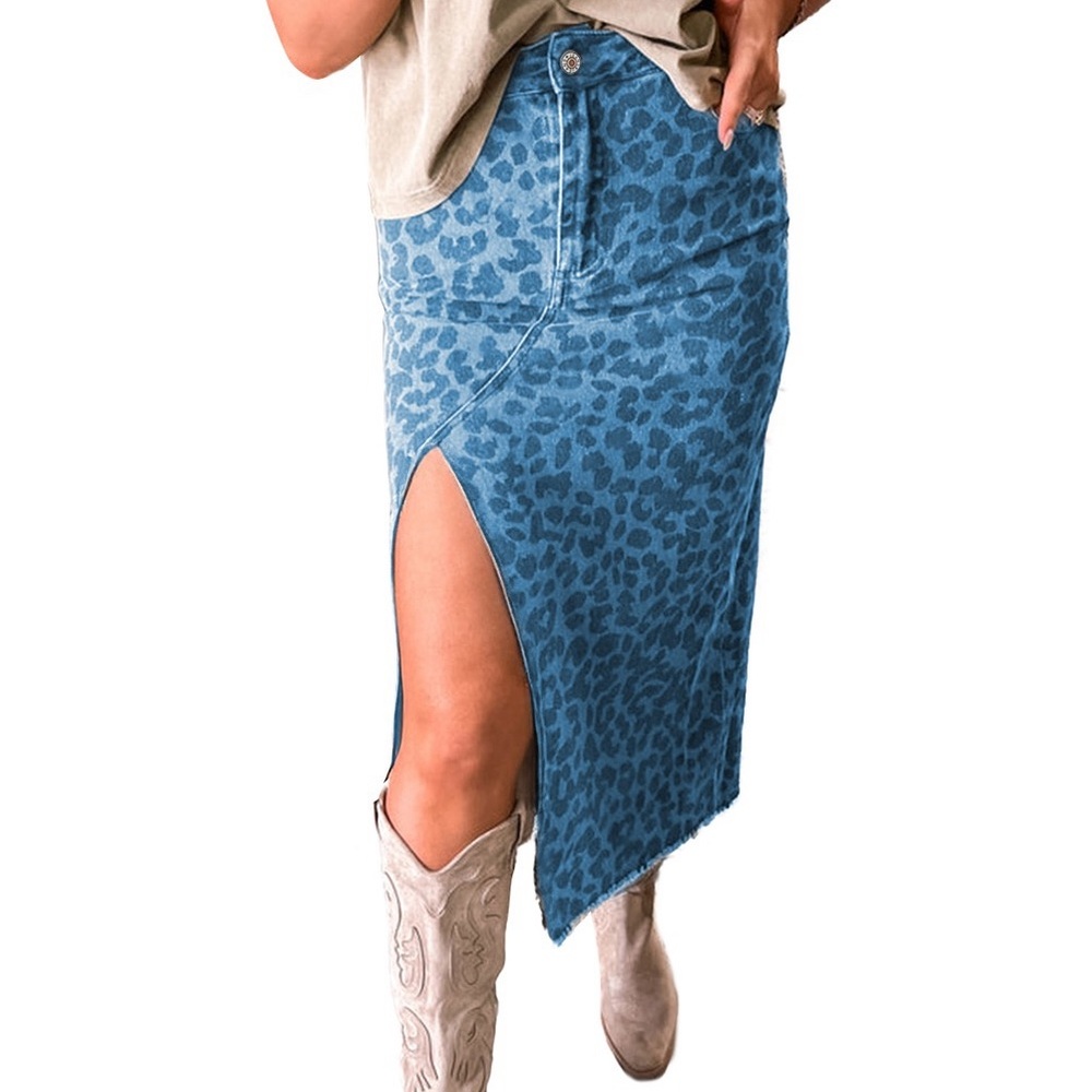 Blue Leopard Print Denim Skirt